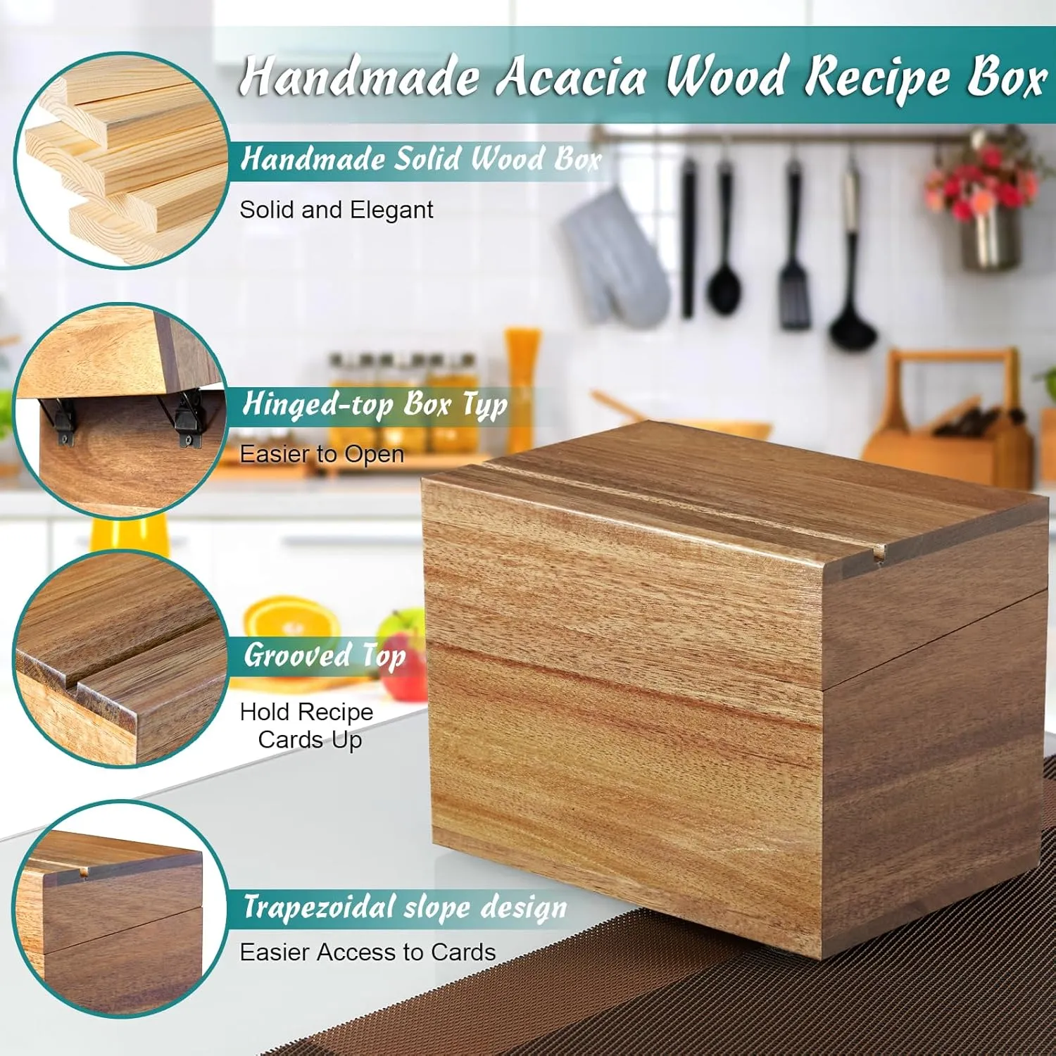 DRASTAR Recipe Card Box, Acacia Recipe Holder 4x6, Recipe Organizer with 50 Cards and 6 Dividers, Index Card Box, Wooden Box for Kitchen Countertop