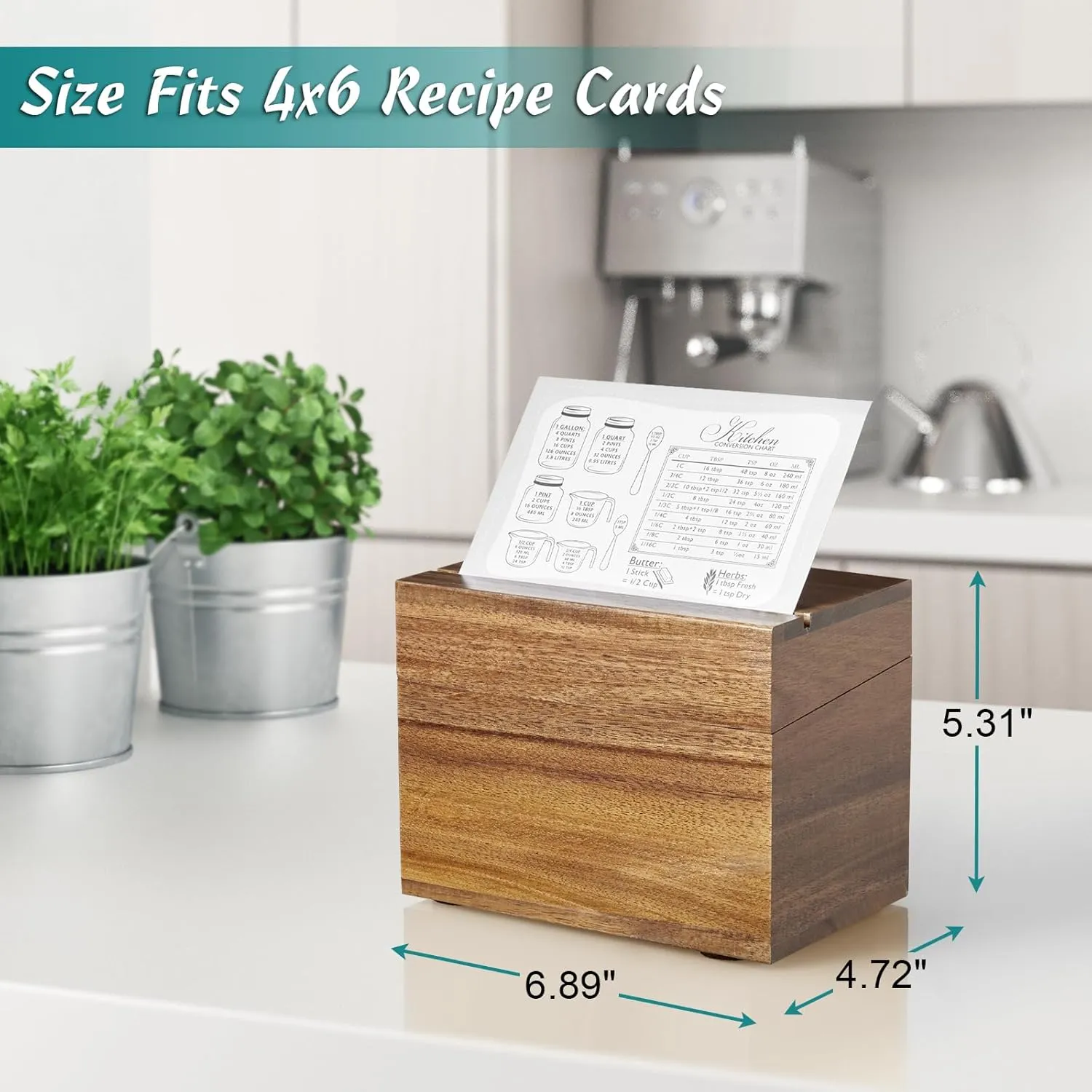 DRASTAR Recipe Card Box, Acacia Recipe Holder 4x6, Recipe Organizer with 50 Cards and 6 Dividers, Index Card Box, Wooden Box for Kitchen Countertop