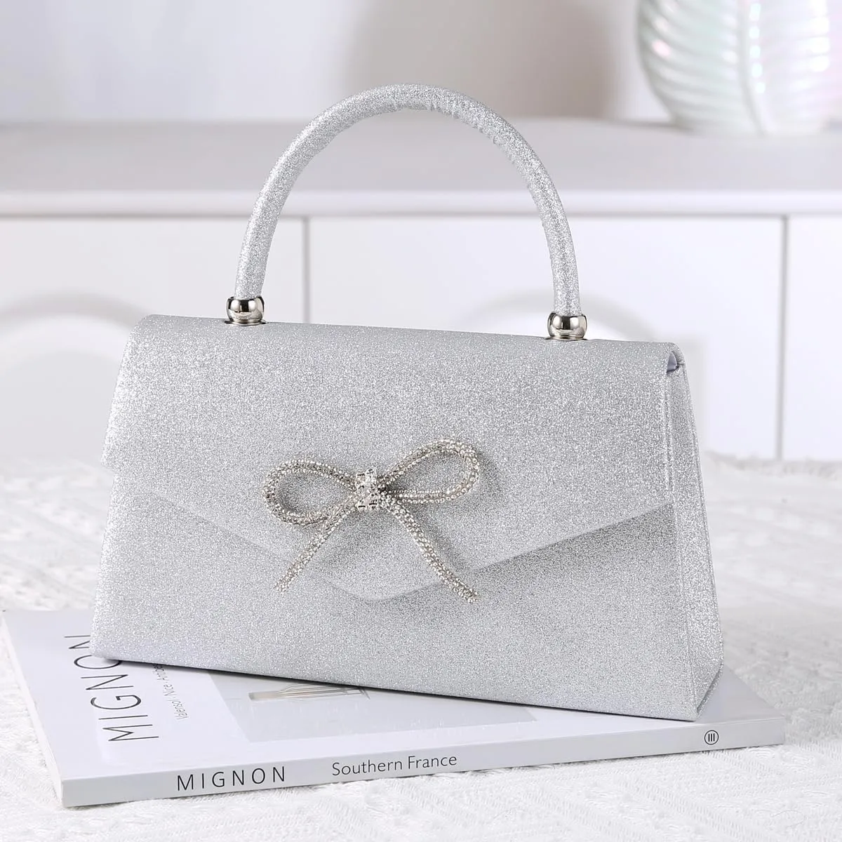 Dreubea Women's Tote Fashion Bowknot Rhinestone Evening Bag Beautiful Shiny Clutch Handbag
