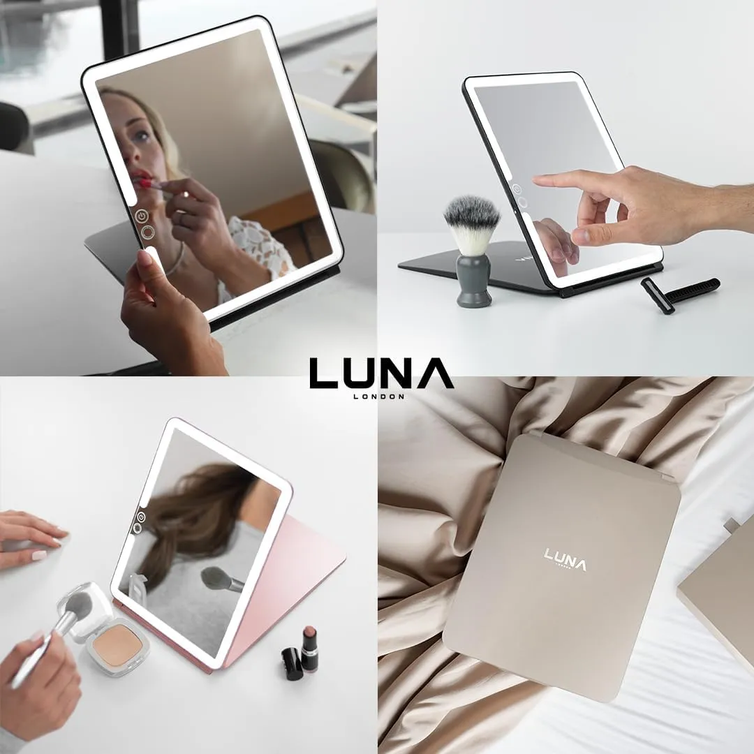 Eclipse LED Lighted Travel Vanity Makeup Mirror | 3 Colour Light, Compact, Portable, Lighted, Rechargeable, Illuminated Mirror | Perfect for Travel, Makeup & Beauty Needs | Rose Gold