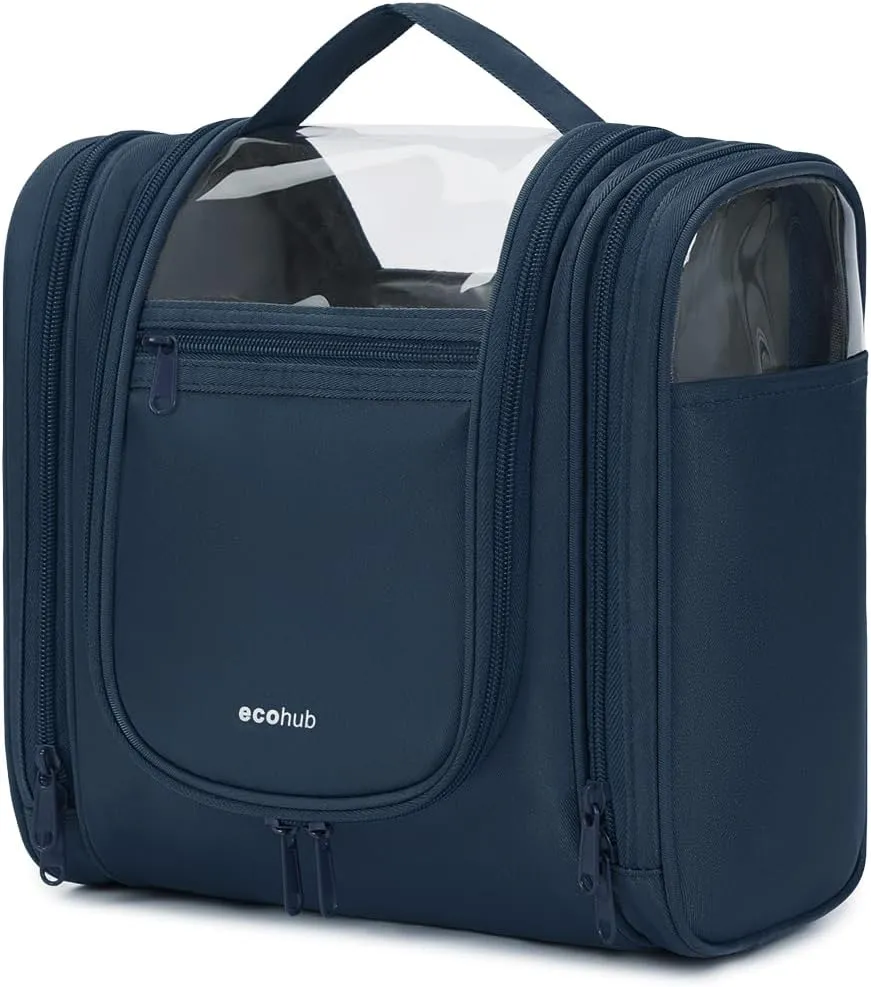 ECOHUB Travel Toiletry Bag, Hanging Toiletry Bag for Women, Full-size Container, Water-resistant Travel Makeup Organizer, Toiletries, Navy Blue（PATENT PENDING）