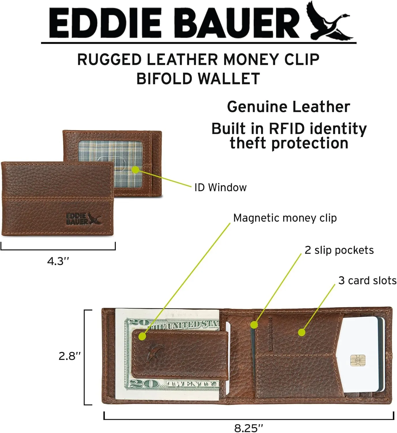 Eddie Bauer Men Signature Leather Money Clip Card Case Wallet