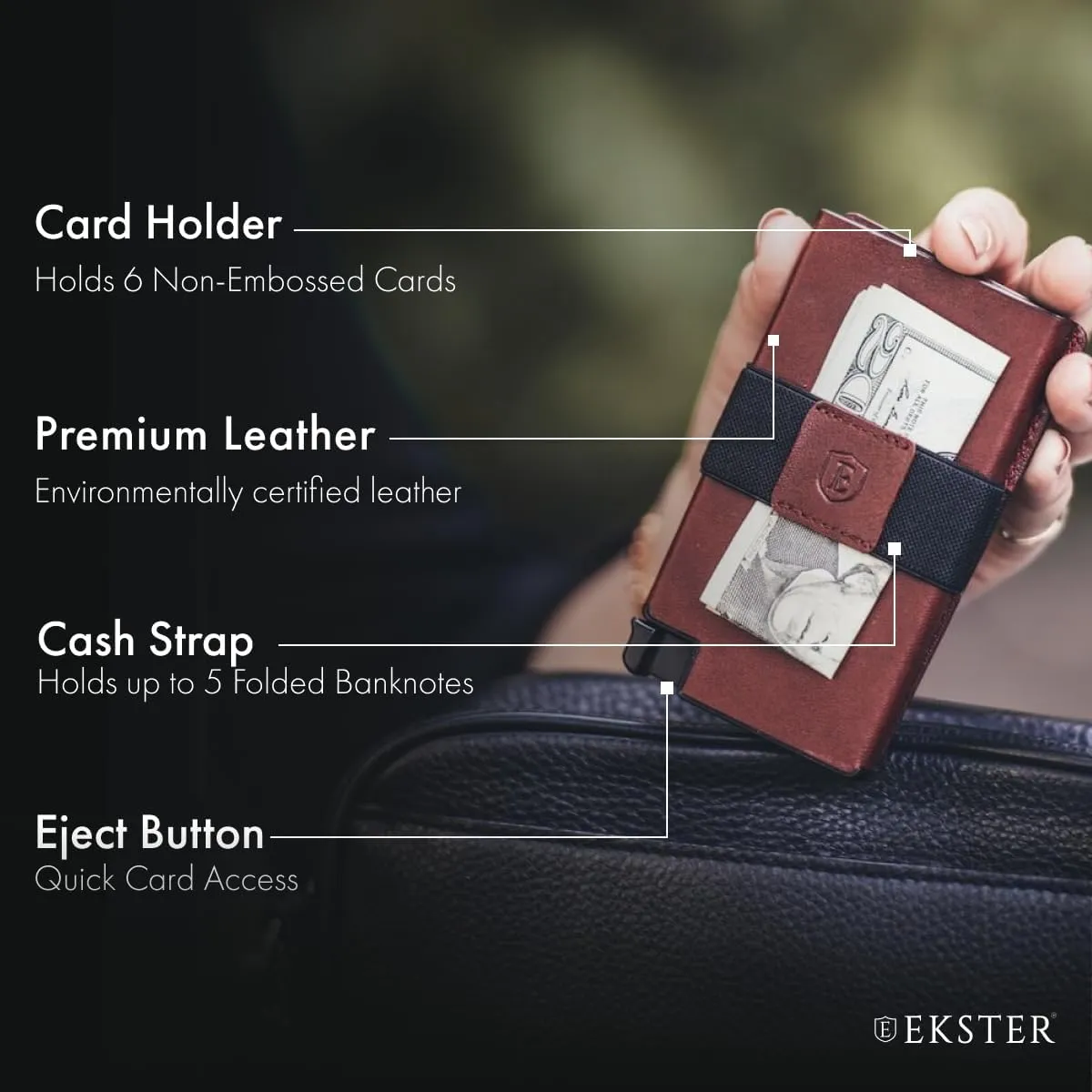 Ekster Senate Cardholder Wallet for Men | Slim Card Holder for Men w/RFID Blocking Layer | Minimalist Wallet w/Push Button for Quick Card Access | Merlot Red