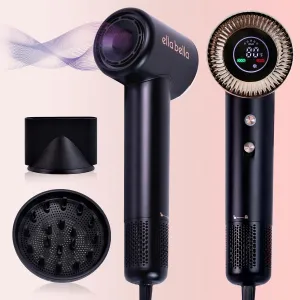 ELLA BELLA® Compact Ionic Hair Dryer - Negative Ion Blow Dryer with Digital Display, Rapid Drying, Low Noise, & Luxury Velvet Travel Bag - Includes Diffuser & Nozzle- for All Hair Types