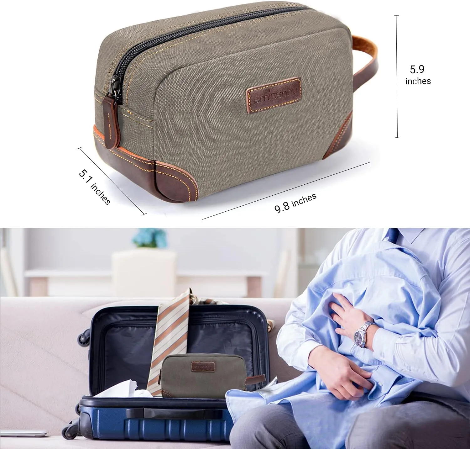 emissary Men's Leather and Canvas Travel Toiletry Bag, Dopp Kit for Men, Travel Bathroom Bag Men's Shaving Kit, Travel Kit Small Bag for Travel (Light Gray)