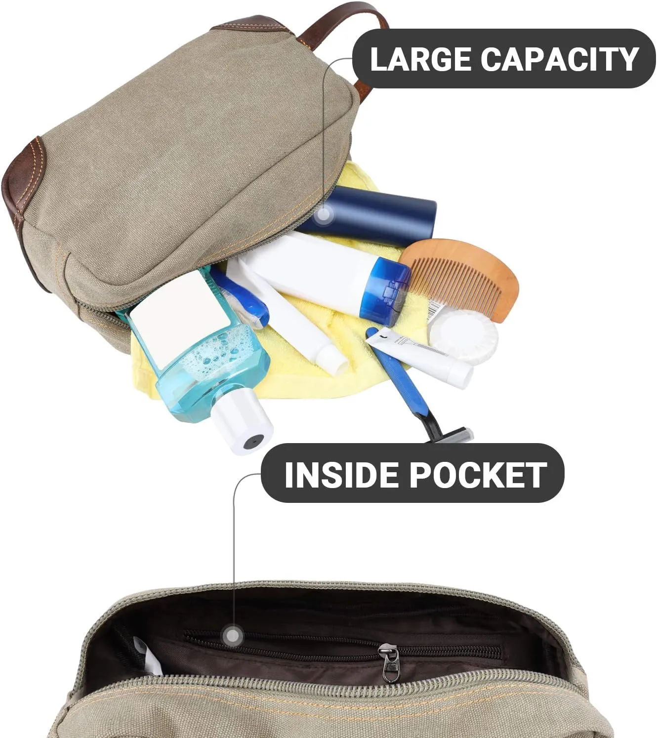 emissary Men's Leather and Canvas Travel Toiletry Bag, Dopp Kit for Men, Travel Bathroom Bag Men's Shaving Kit, Travel Kit Small Bag for Travel (Light Gray)
