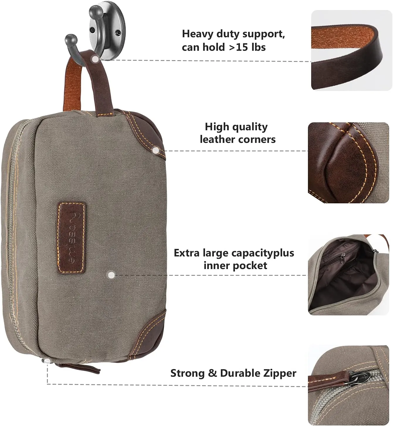 emissary Men's Leather and Canvas Travel Toiletry Bag, Dopp Kit for Men, Travel Bathroom Bag Men's Shaving Kit, Travel Kit Small Bag for Travel (Light Gray)