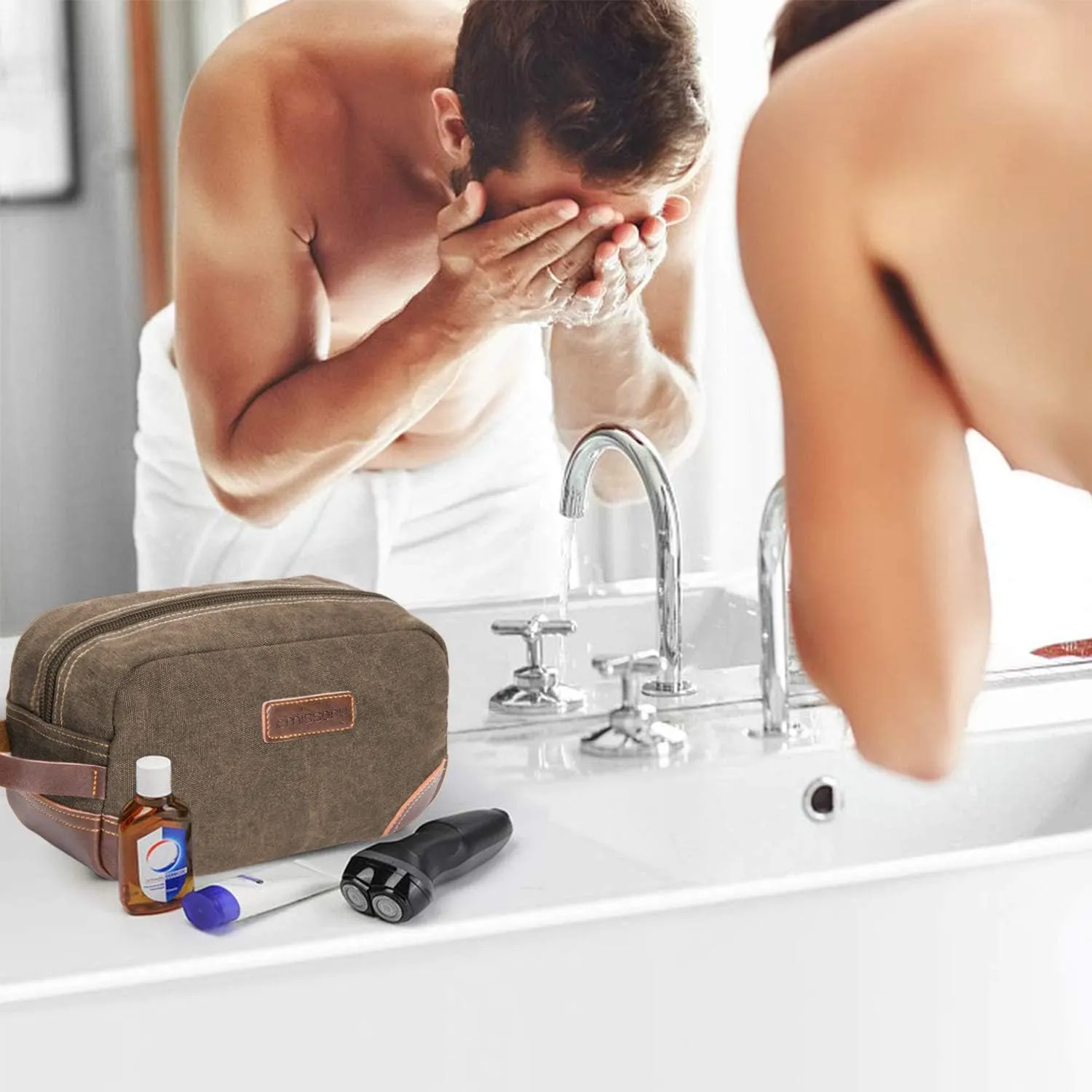 emissary Men's Toiletry Bag, Leather and Canvas Travel Toiletry Bag, Dopp Kit for Men, Travel Bathroom Bag Men's Shaving Kit, Travel Kit Small Bags for Men, Shaving Bag for Travel Accessories (Coffee)