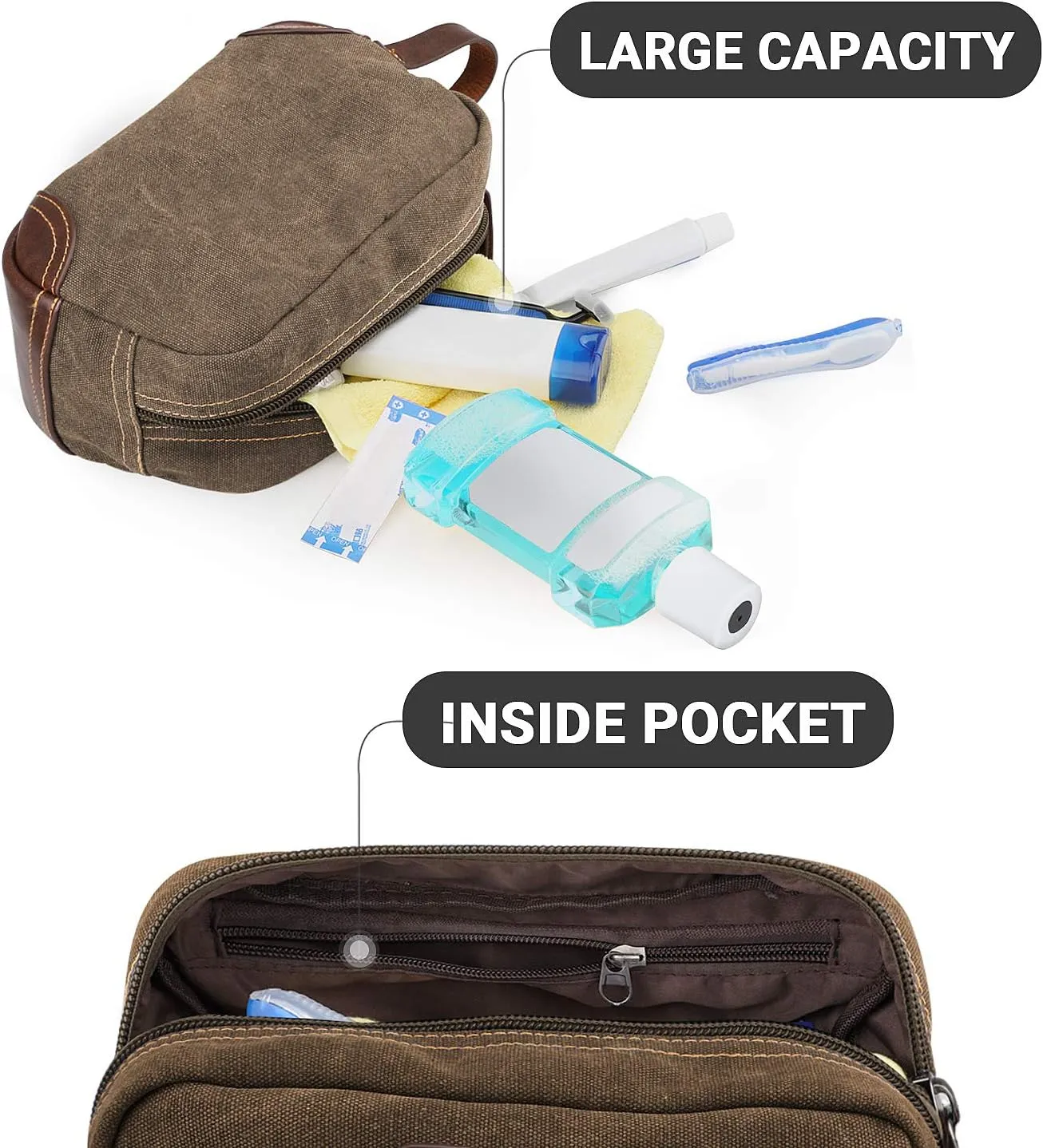emissary Men's Toiletry Bag, Leather and Canvas Travel Toiletry Bag, Dopp Kit for Men, Travel Bathroom Bag Men's Shaving Kit, Travel Kit Small Bags for Men, Shaving Bag for Travel Accessories (Coffee)
