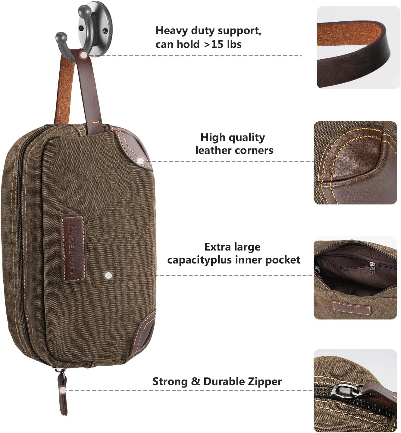 emissary Men's Toiletry Bag, Leather and Canvas Travel Toiletry Bag, Dopp Kit for Men, Travel Bathroom Bag Men's Shaving Kit, Travel Kit Small Bags for Men, Shaving Bag for Travel Accessories (Coffee)
