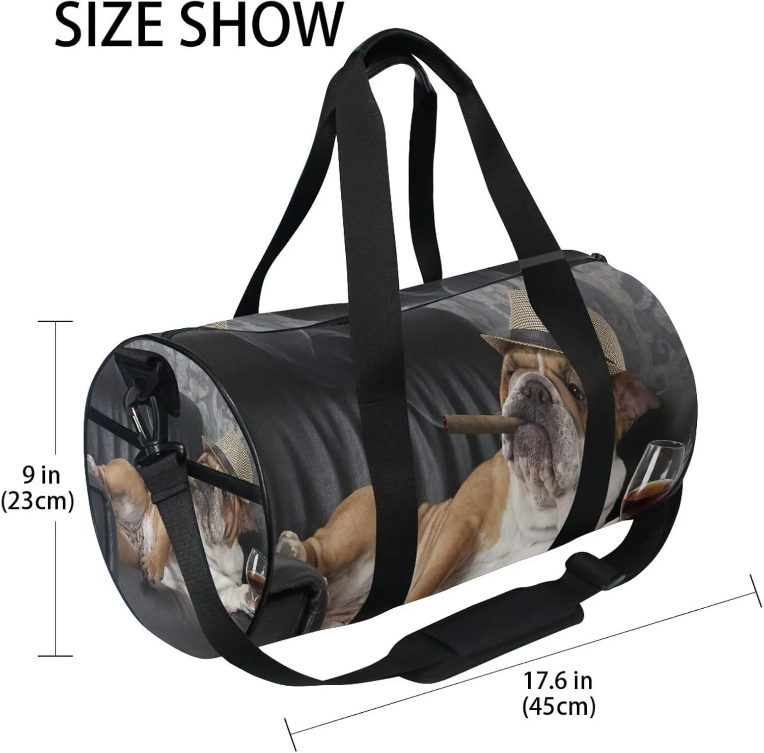 English Bulldog Resting on Chair with Cigar and Glass Portable Gym Bag, Travel Bag, Luggage bag, Sports Bag, Toiletry Bag with Handles, Detachable Shoulder Strap 17.6 x 9 x 9 inch