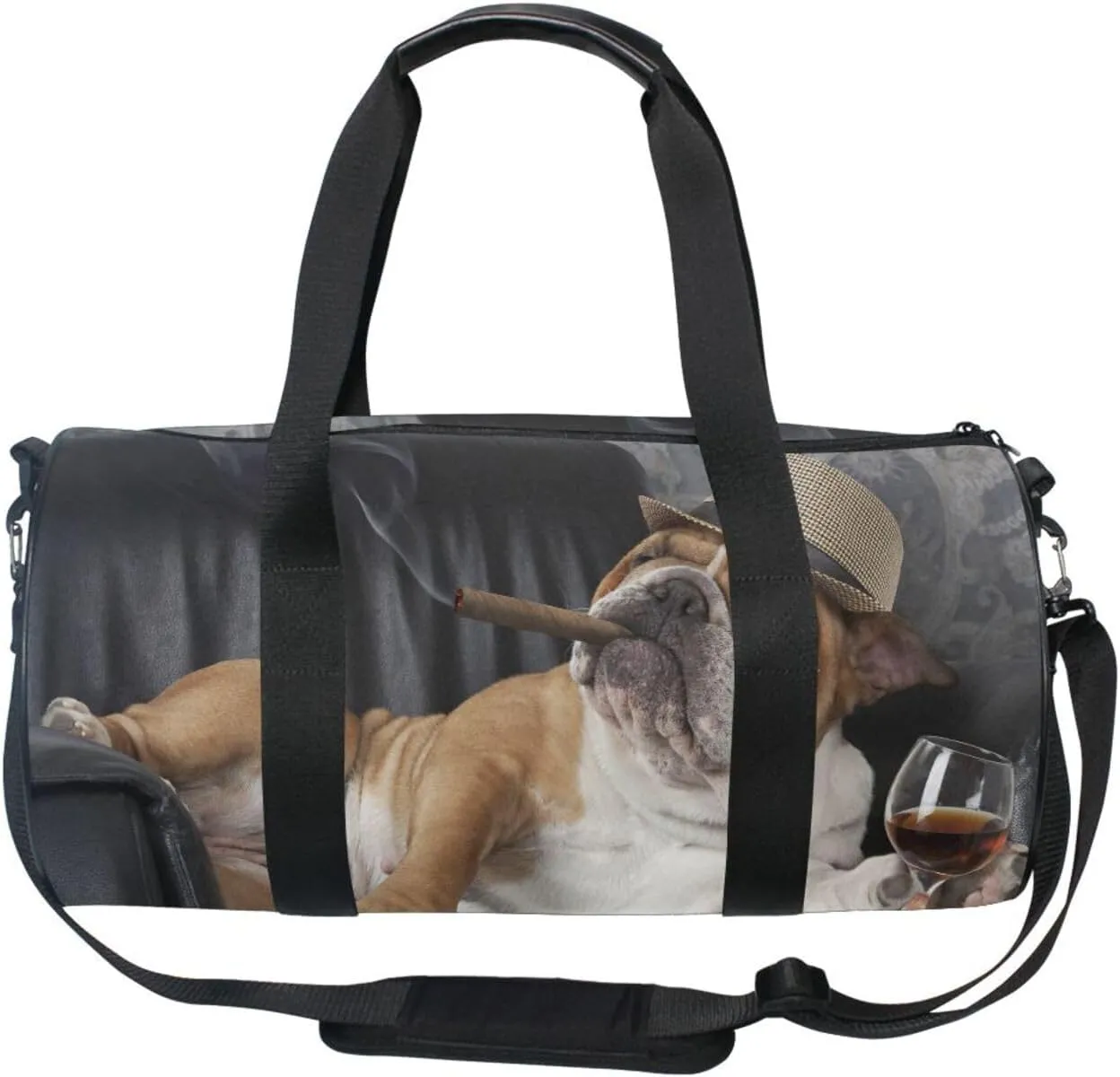 English Bulldog Resting on Chair with Cigar and Glass Portable Gym Bag, Travel Bag, Luggage bag, Sports Bag, Toiletry Bag with Handles, Detachable Shoulder Strap 17.6 x 9 x 9 inch