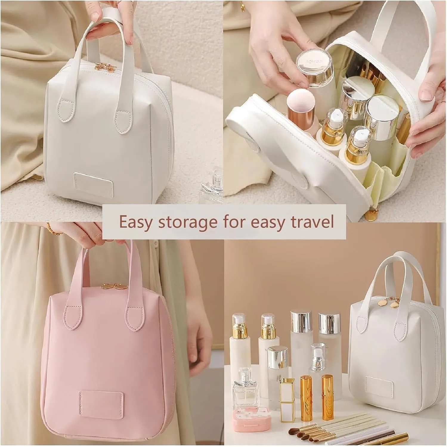Eretinputc Makeup Bag,2024 New Premium Large Capacity Makeup Bag with Zipper,Multi Compartment Toiletry Bag,Portable Hand-Held PU Leather Waterproof Makeup Bag for Travel (White)