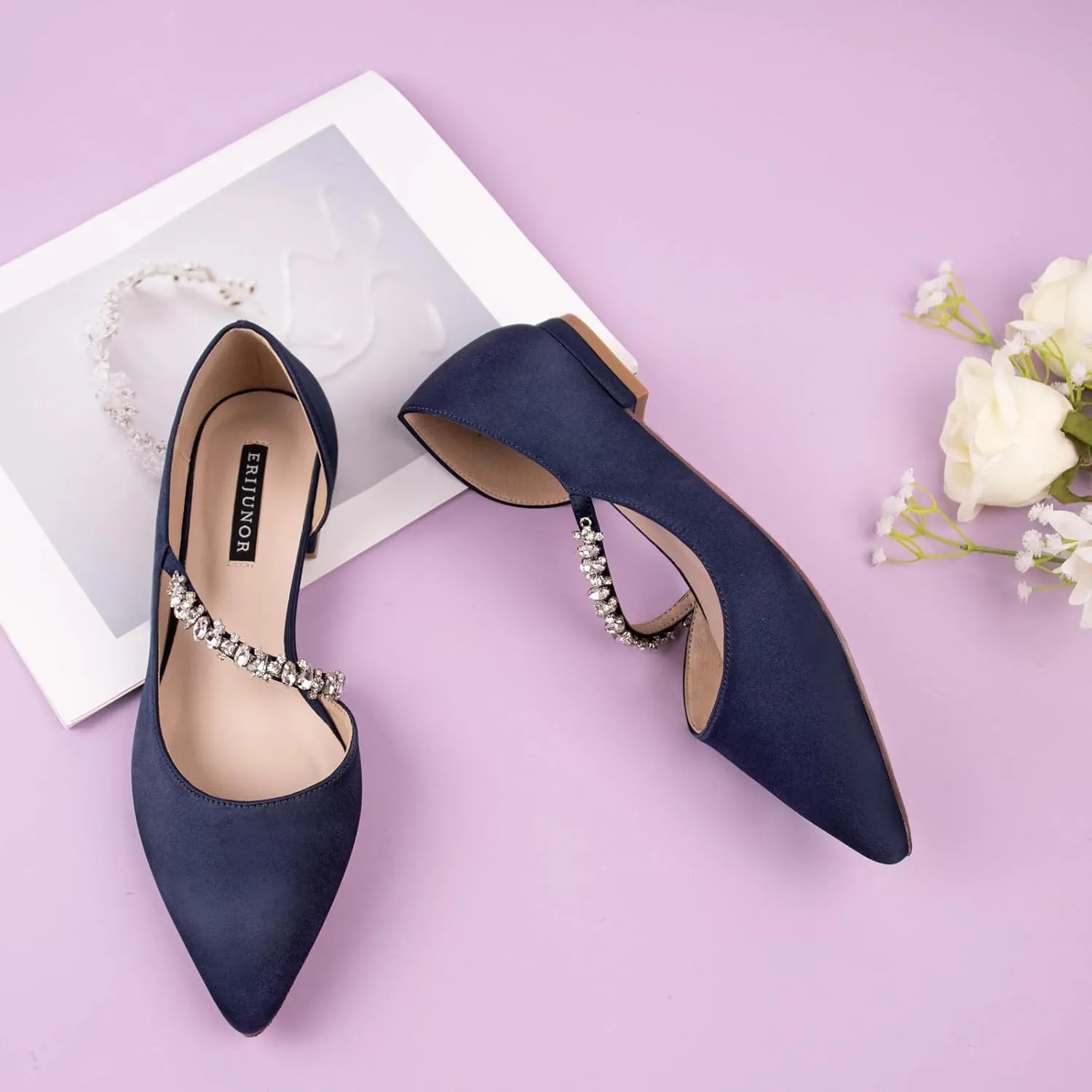 ERIJUNOR E0168F Women Comfortable Low Heel Pointy Toe Pumps Wedding Party Shoes