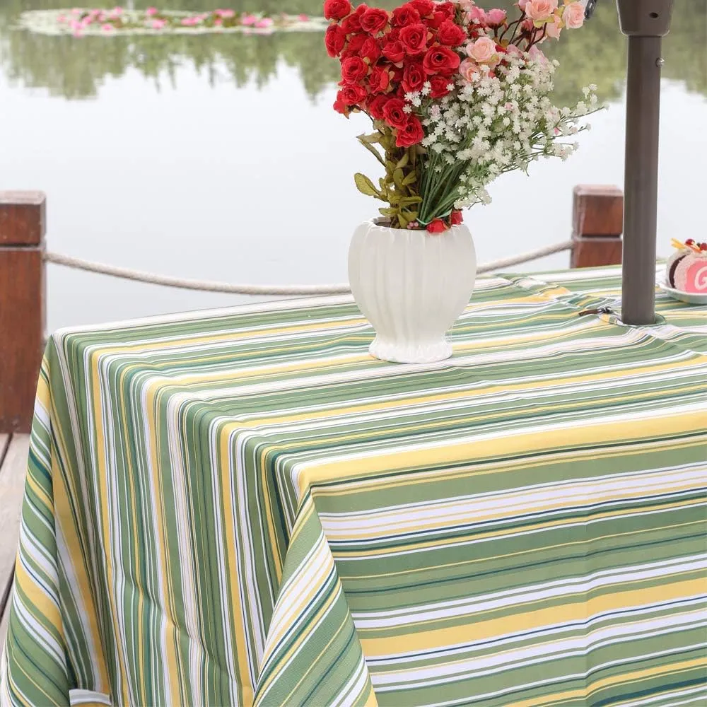 Eternal Beauty 60X 84 Rectangle Tablecloth Waterproof Outdoor Tablecloth with Umbrella Hole for Patio Spring Summer Tables, Green Stripe