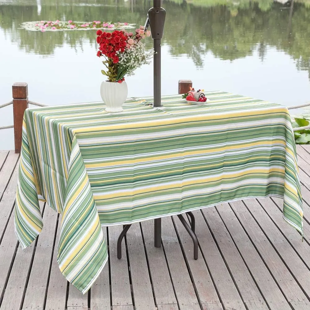 Eternal Beauty 60X 84 Rectangle Tablecloth Waterproof Outdoor Tablecloth with Umbrella Hole for Patio Spring Summer Tables, Green Stripe