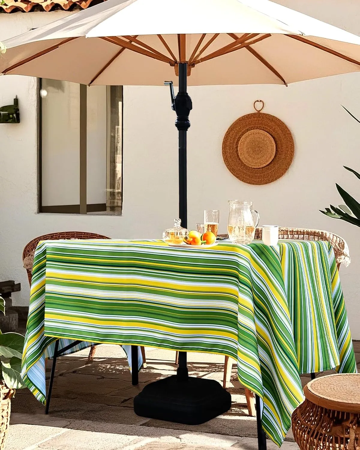 Eternal Beauty 60X 84 Rectangle Tablecloth Waterproof Outdoor Tablecloth with Umbrella Hole for Patio Spring Summer Tables, Green Stripe