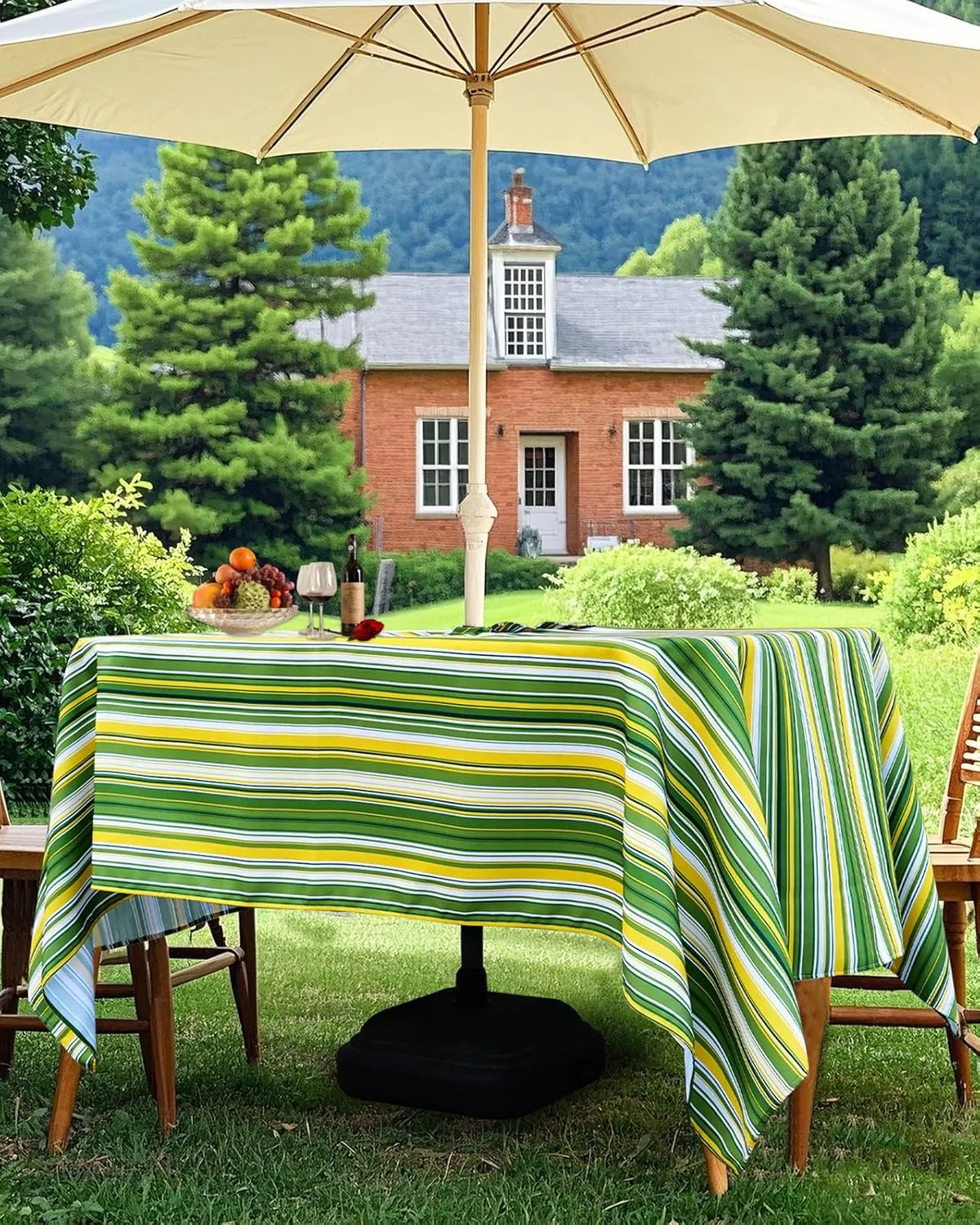 Eternal Beauty 60X 84 Rectangle Tablecloth Waterproof Outdoor Tablecloth with Umbrella Hole for Patio Spring Summer Tables, Green Stripe