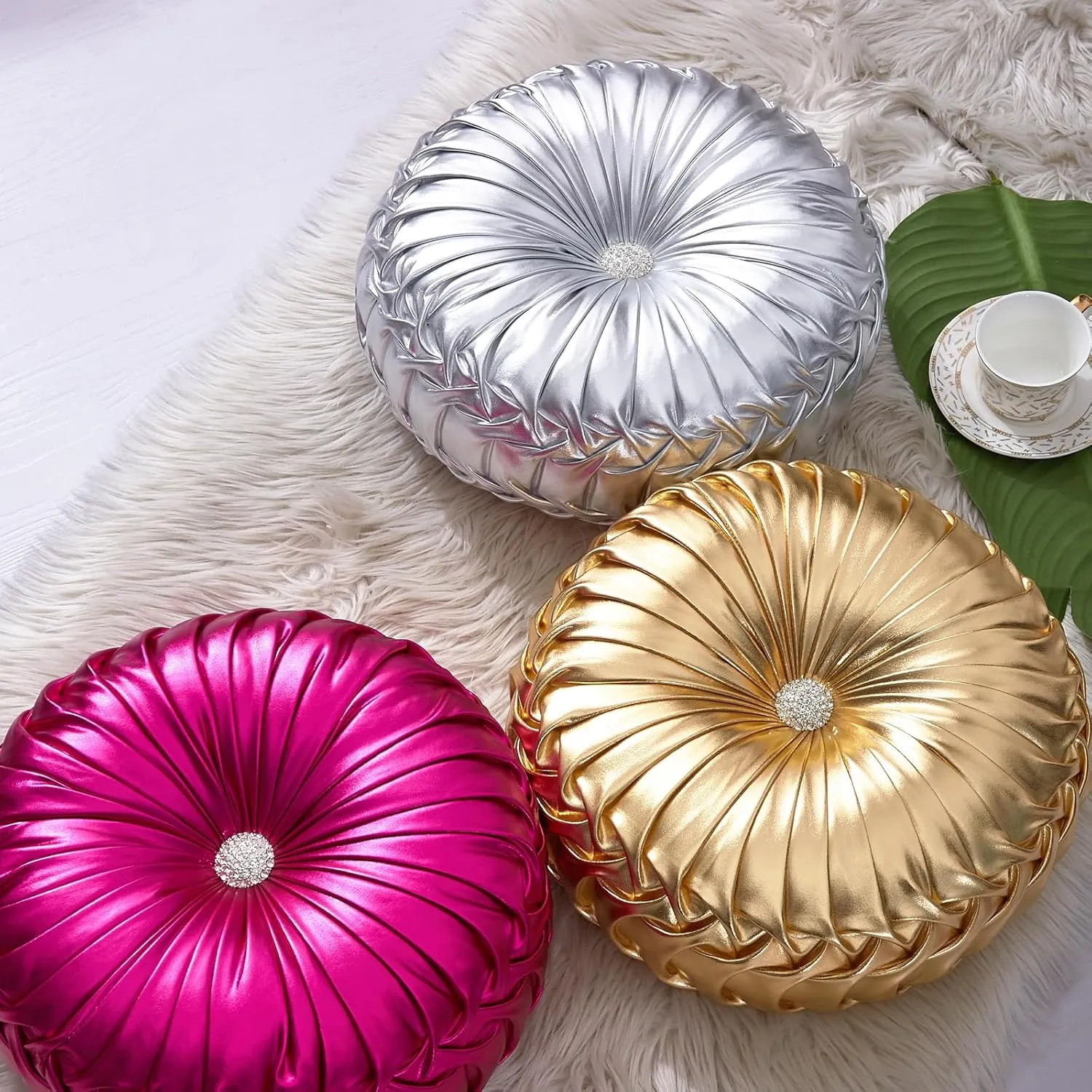 EUCIOR Gold Throw Pillows,Circular Pillow,Pumpkin Pleated Handmade Throw Pillows,Gold Pillows,Smooth Metallic Leather Decorative Pillows for Home Decor Bedroom Living Room Couch Bed Sofa