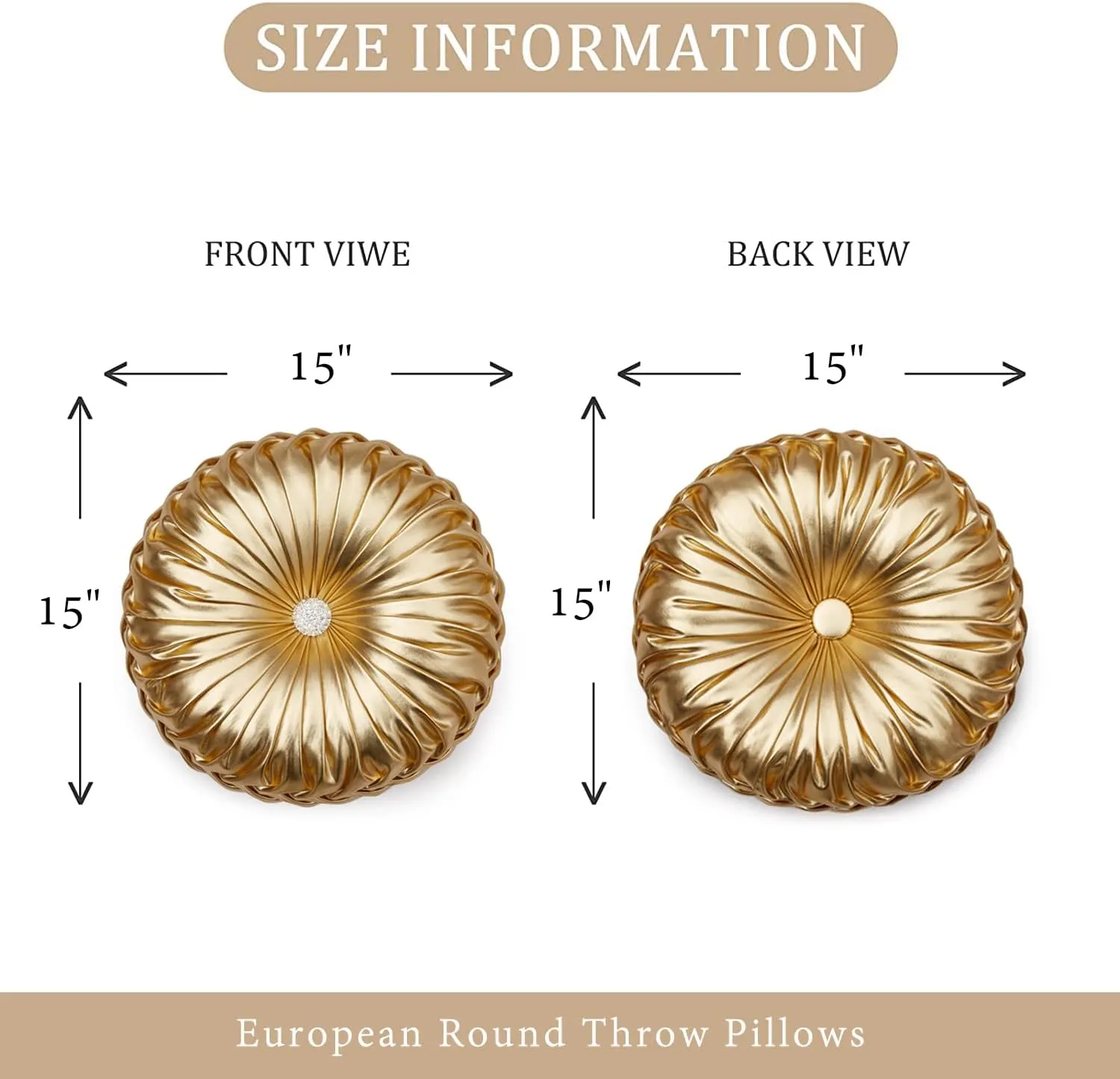EUCIOR Gold Throw Pillows,Circular Pillow,Pumpkin Pleated Handmade Throw Pillows,Gold Pillows,Smooth Metallic Leather Decorative Pillows for Home Decor Bedroom Living Room Couch Bed Sofa