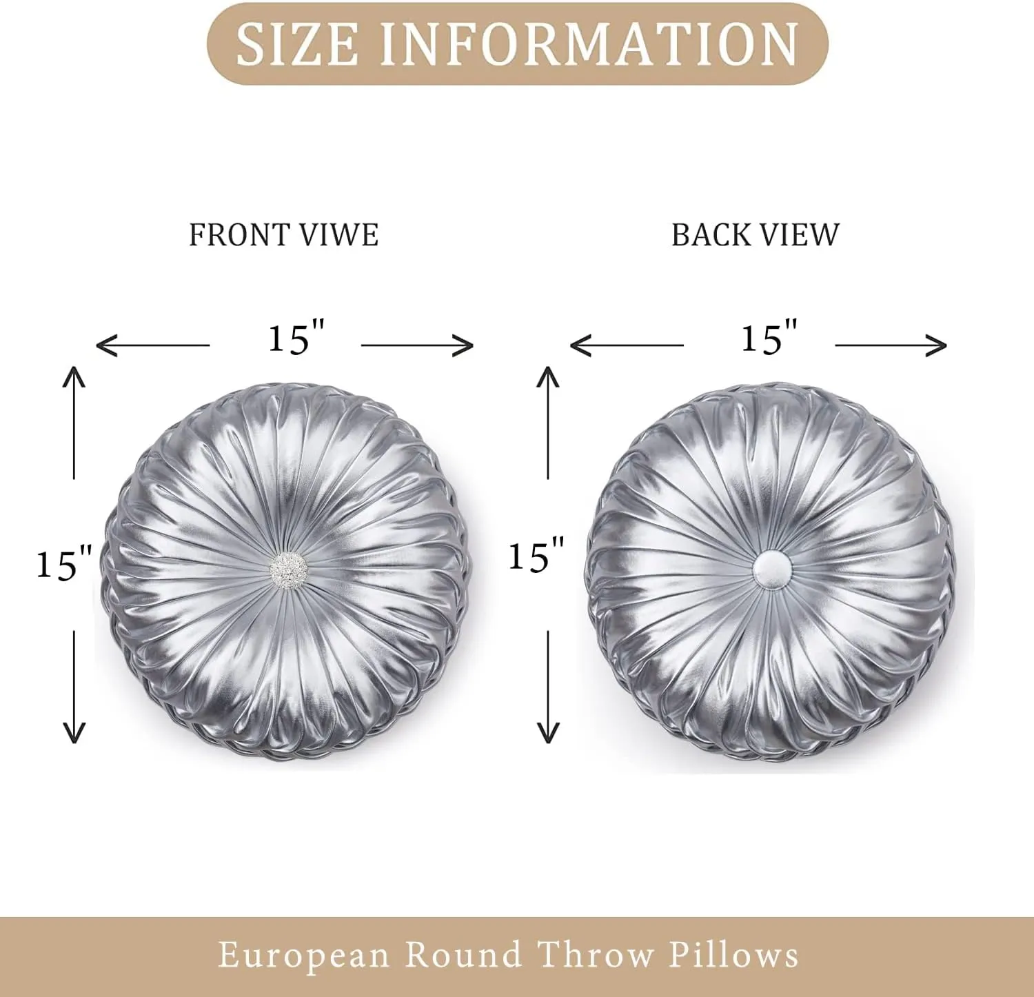 EUCIOR Round Throw Pillows,Pumpkin Pleated Handmade Metallic Throw Pillows,Silver Pillows,Modern Leather Decorative Pillowcases for Home Decor Bedroom Living Room Couch Bed Sofa (Silver)