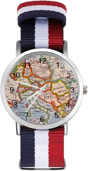 Europe Map Unisex Watch Lightweight Breathable Woven Nylon Wrist Strap Watch with Metal Buckle