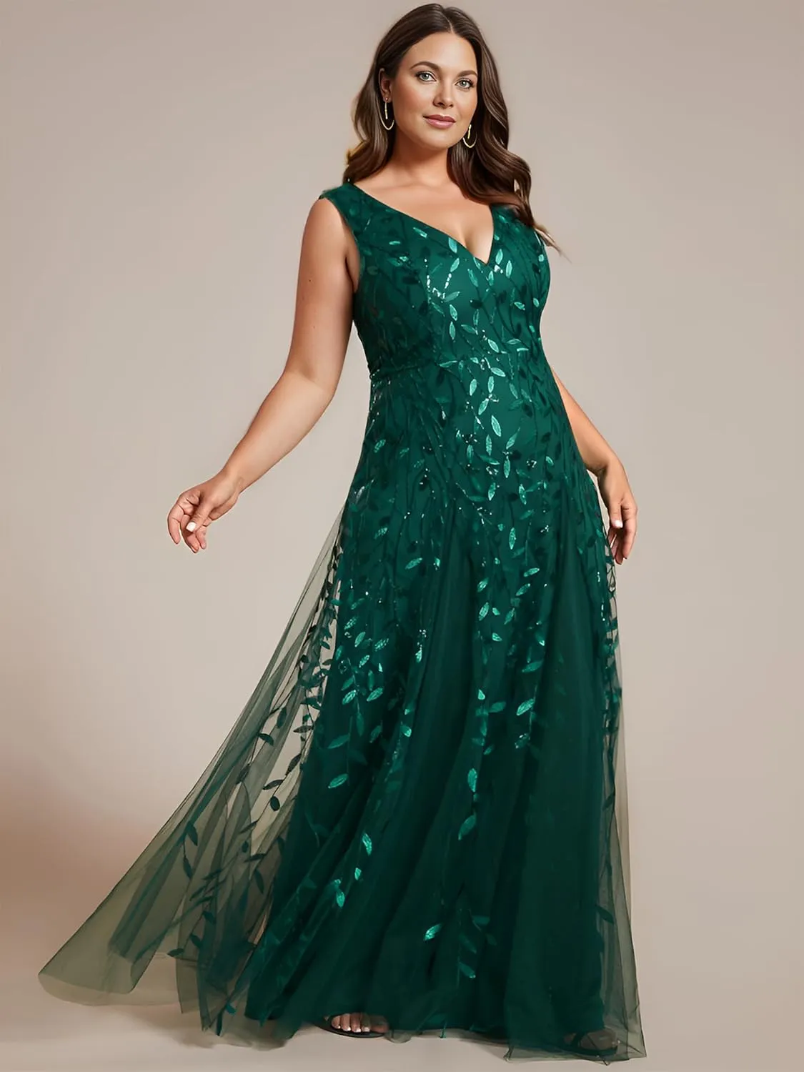 Ever-Pretty Womens Plus Size V Neck A-line Sleeveless Sequin Emboridery Formal Dresses