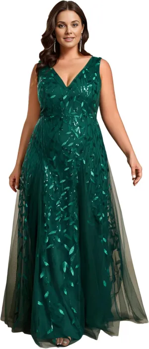Ever-Pretty Womens Plus Size V Neck A-line Sleeveless Sequin Emboridery Formal Dresses