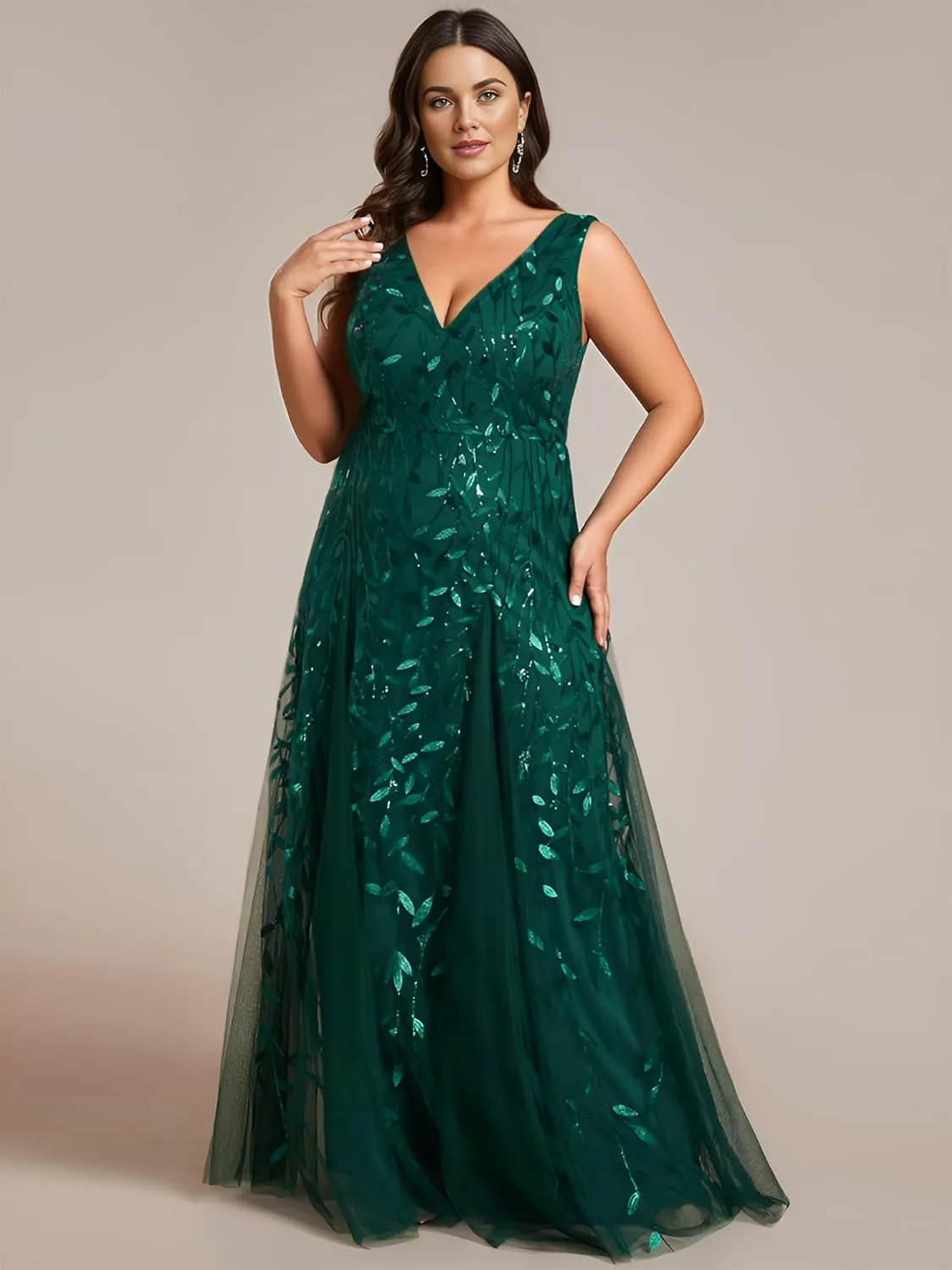 Ever-Pretty Womens Plus Size V Neck A-line Sleeveless Sequin Emboridery Formal Dresses