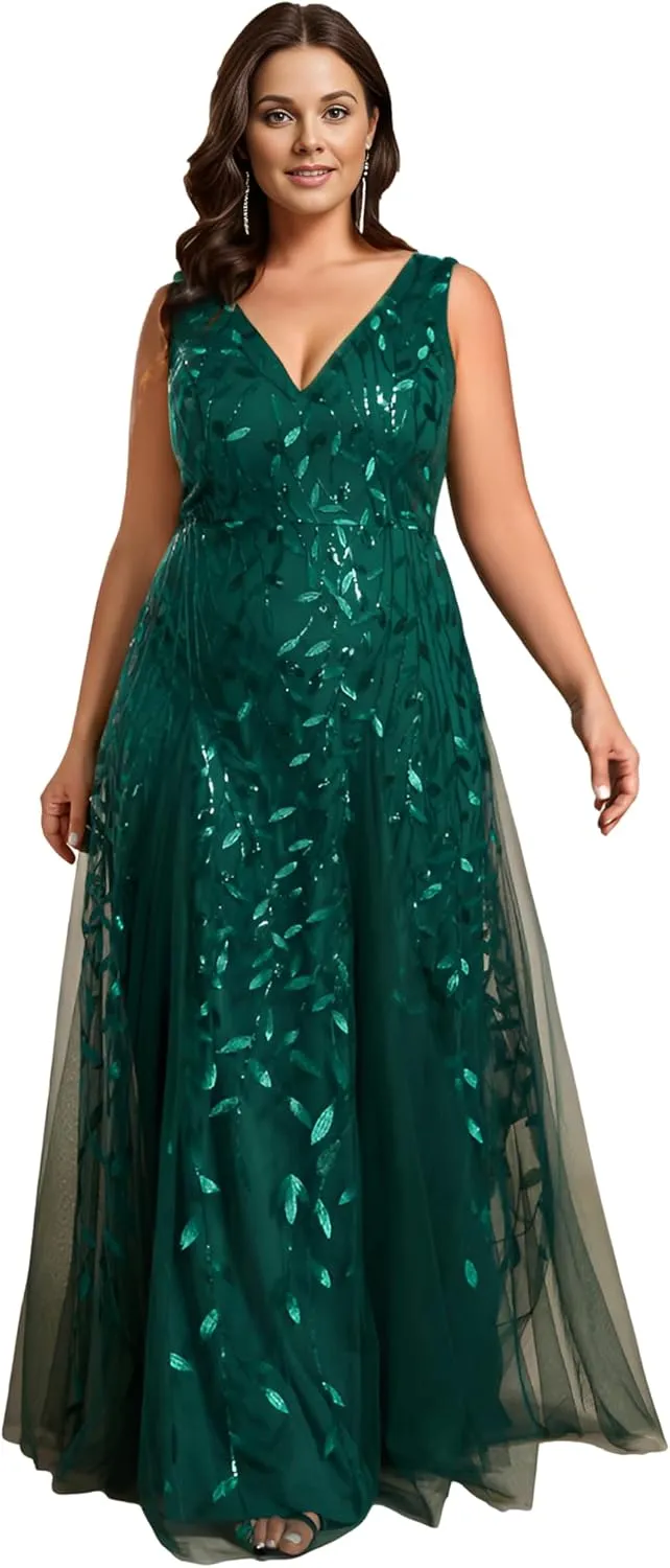 Ever-Pretty Womens Plus Size V Neck A-line Sleeveless Sequin Emboridery Formal Dresses