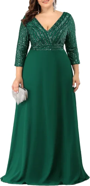 Ever-Pretty Women's Plus Size V-Neck Sparkle Sequins Chiffon 3/4 Sleevess Formal Dresses 0751-PZ