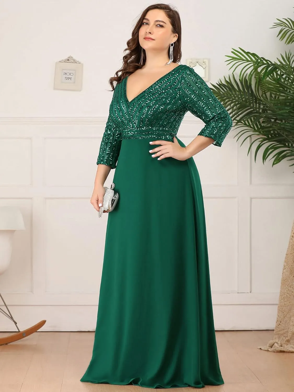 Ever-Pretty Women's Plus Size V-Neck Sparkle Sequins Chiffon 3/4 Sleevess Formal Dresses 0751-PZ