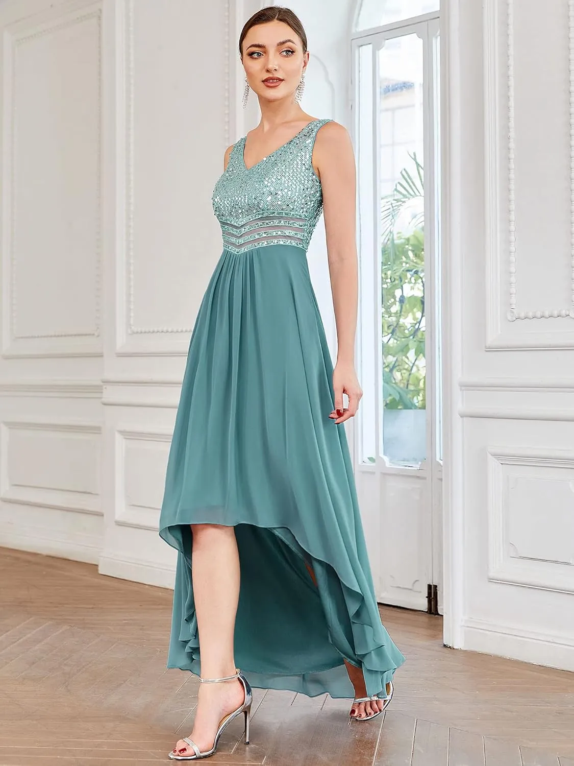 Ever-Pretty Women's Sequin V-Neck See-Through Waist High Low Wedding Guest Dress 0410-USA
