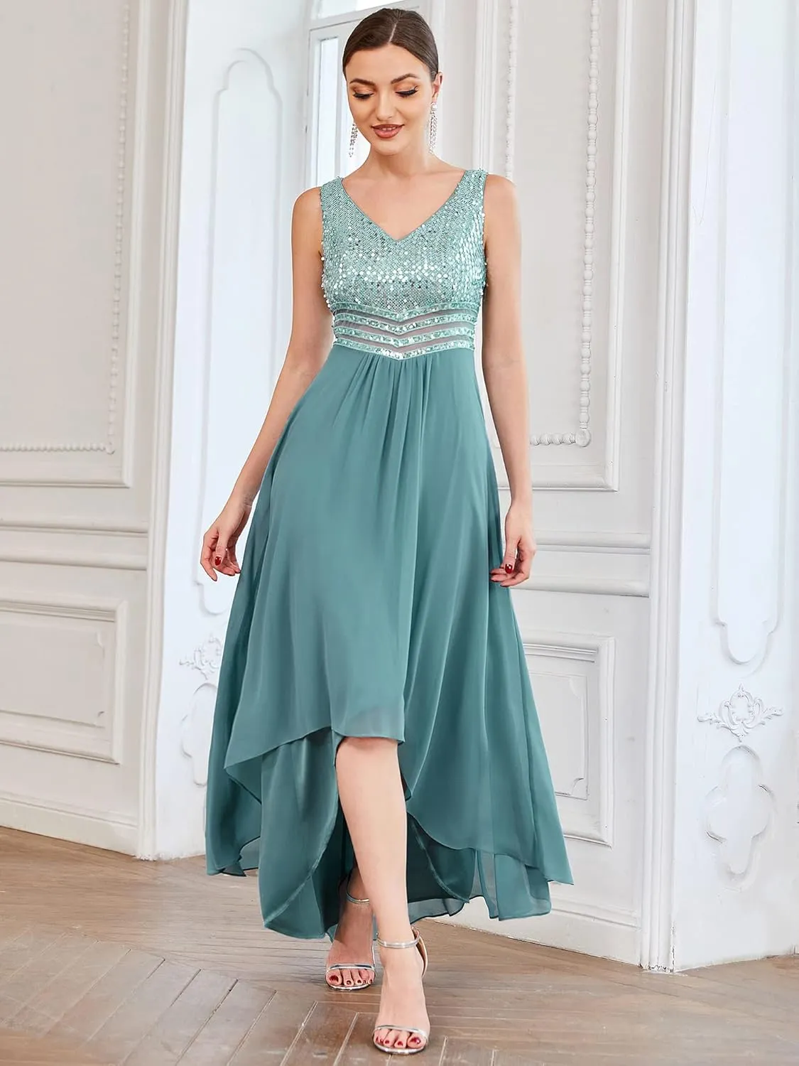 Ever-Pretty Women's Sequin V-Neck See-Through Waist High Low Wedding Guest Dress 0410-USA