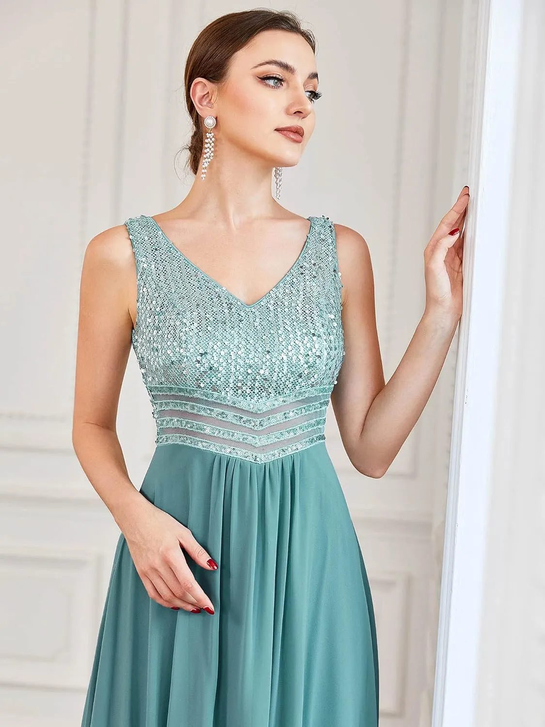 Ever-Pretty Women's Sequin V-Neck See-Through Waist High Low Wedding Guest Dress 0410-USA