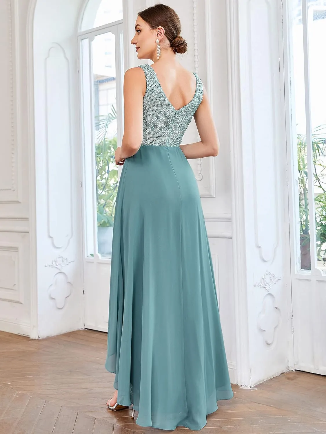Ever-Pretty Women's Sequin V-Neck See-Through Waist High Low Wedding Guest Dress 0410-USA