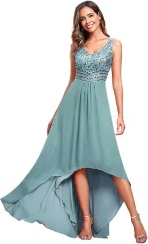 Ever-Pretty Women's Sequin V-Neck See-Through Waist High Low Wedding Guest Dress 0410-USA