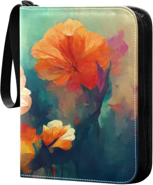 Exnundod 4 Pocket Trading Card Binder Beautiful Colorful Flowers, PU Leather Card Collection Binder Vintage Spring 400 Cards Organizer Binder Collectible Trading Card Albums for Sports Game Card