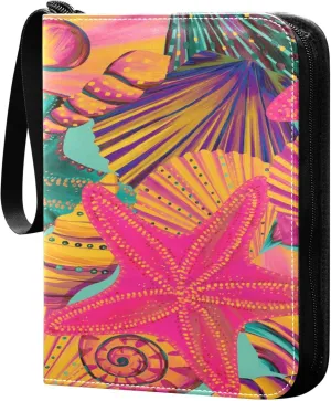 Exnundod 4 Pocket Trading Card Binder Colorful Seashells Starfishes PU Leather Card Collection Binder Marine Life Undersea 400 Cards Organizer Binder Collectible Trading Card Albums for Sports Game C