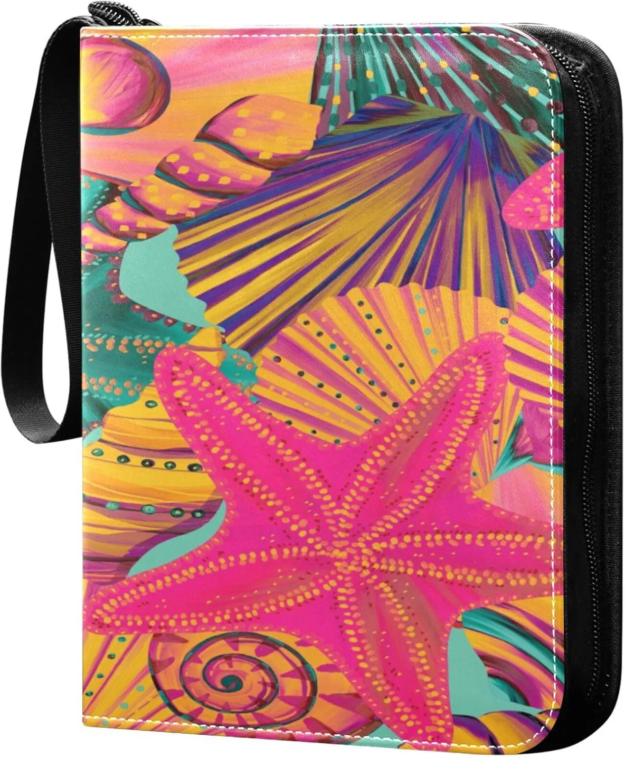 Exnundod 4 Pocket Trading Card Binder Colorful Seashells Starfishes PU Leather Card Collection Binder Marine Life Undersea 400 Cards Organizer Binder Collectible Trading Card Albums for Sports Game C