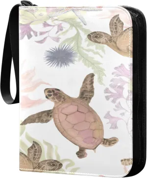 Exnundod 4 Pocket Trading Card Binder Watercolor Sea Turtles PU Leather Card Collection Binder Colorful Seaweed 400 Cards Organizer Binder Collectible Trading Card Albums for Sports Game Card