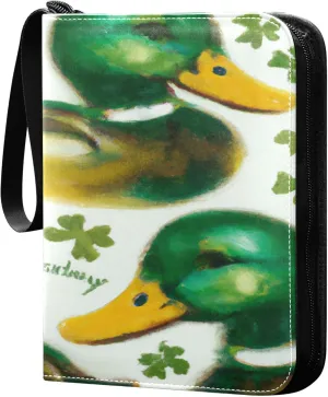 Exnundod Artistic St Patricks Day Duck Trading Card Binder for Cards, Oil Painting Clover Card Album 4-Pockets for 400 Cards with Removable Sleeves PU Baseball Card Holder Football Sports Card Collec