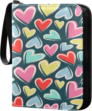 Exnundod Hearts Valentine's Day Trading Card Binder for Cards, Cartoon Colorful Card Album 4-Pockets for 400 Cards with Removable Sleeves PU Baseball Card Holder Football Sports Card Collection