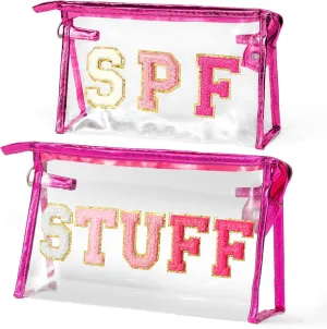 EZdhuawuse Clear Travel Toiletry Bag - 2Pcs SPF STUFF Transparent Makeup Bag Large Capacity Rose Travel Pouch Gradient Patch Cosmetic Bag Waterproof Sunscreen Bag Travel Accessories for Women Girls
