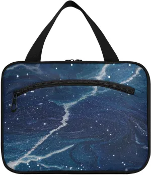 Fake Glitter Marble Grain Blue Universe hanging bag for men travel with hook, designer unisex makeup bag for women traveling camping bolsa para maquillaje L