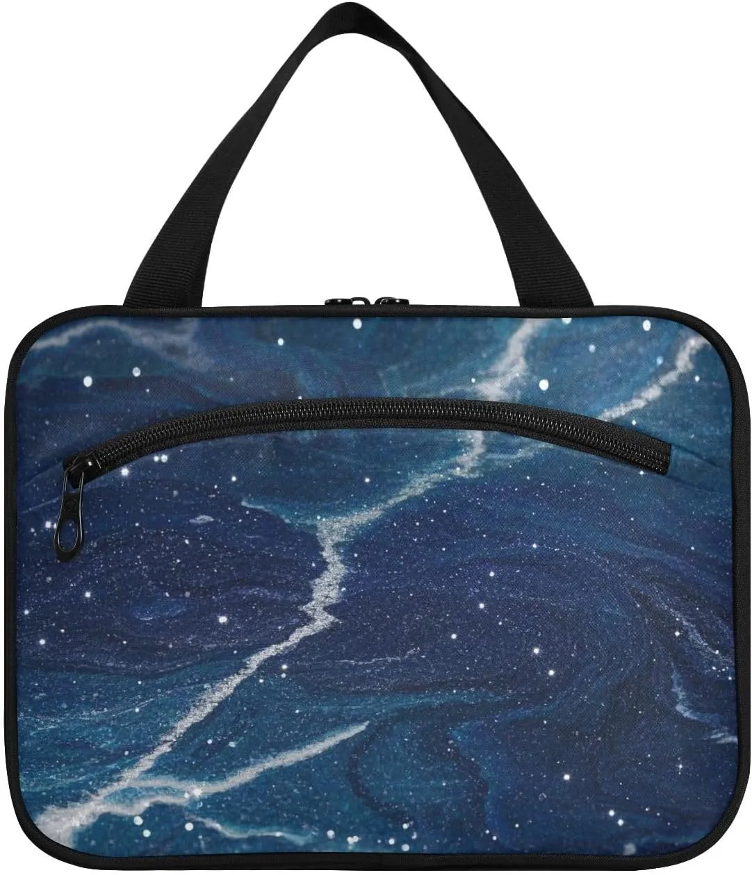 Fake Glitter Marble Grain Blue Universe hanging bag for men travel with hook, designer unisex makeup bag for women traveling camping bolsa para maquillaje L