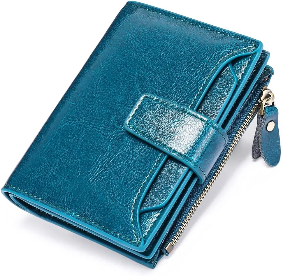 FALAN MULE Women's Genuine Leather Bifold Compact RFID Blocking Wallet, Blue, 5.12 x 3.93 x 1.2 in