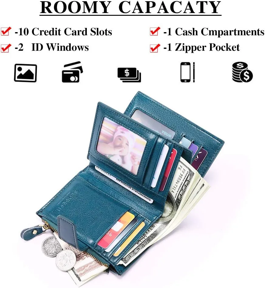 FALAN MULE Women's Genuine Leather Bifold Compact RFID Blocking Wallet, Blue, 5.12 x 3.93 x 1.2 in