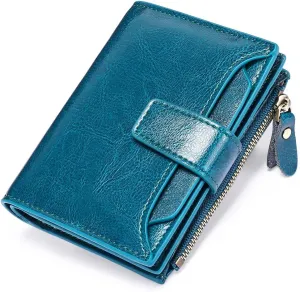 FALAN MULE Women's Genuine Leather Bifold Compact RFID Blocking Wallet, Blue, 5.12 x 3.93 x 1.2 in