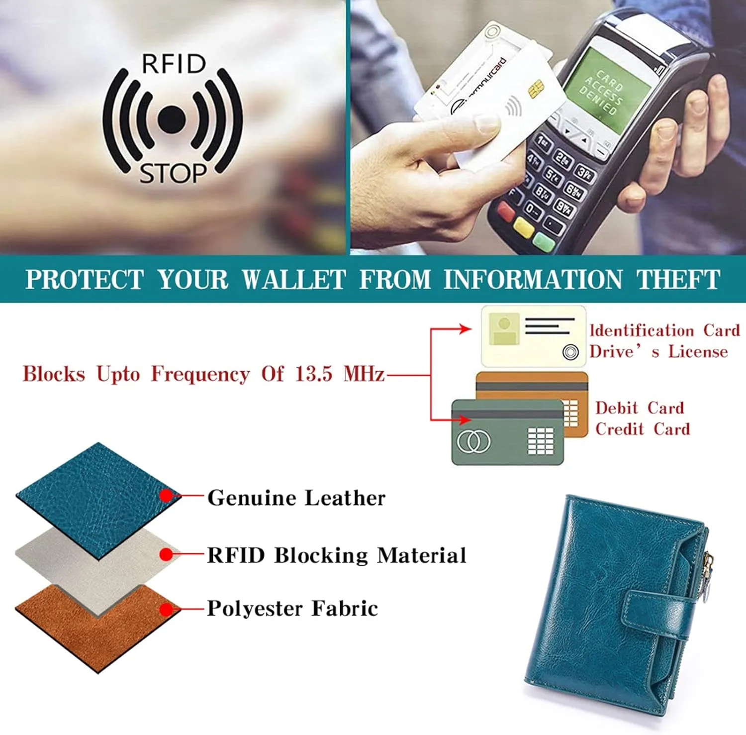 FALAN MULE Women's Genuine Leather Bifold Compact RFID Blocking Wallet, Blue, 5.12 x 3.93 x 1.2 in
